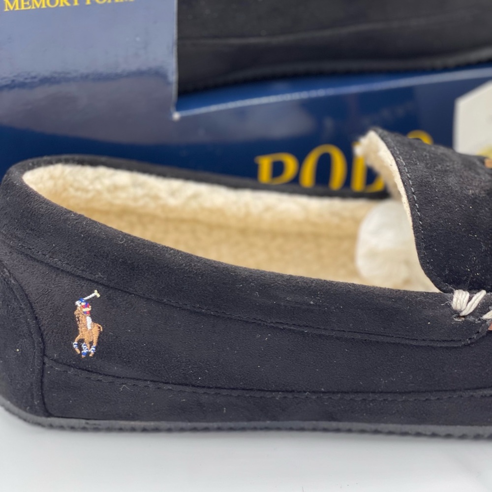 Polo Ralph Lauren Men's Black Moccasin Slippers 13 - Memory Foam Comfort - Picture 3 of 7